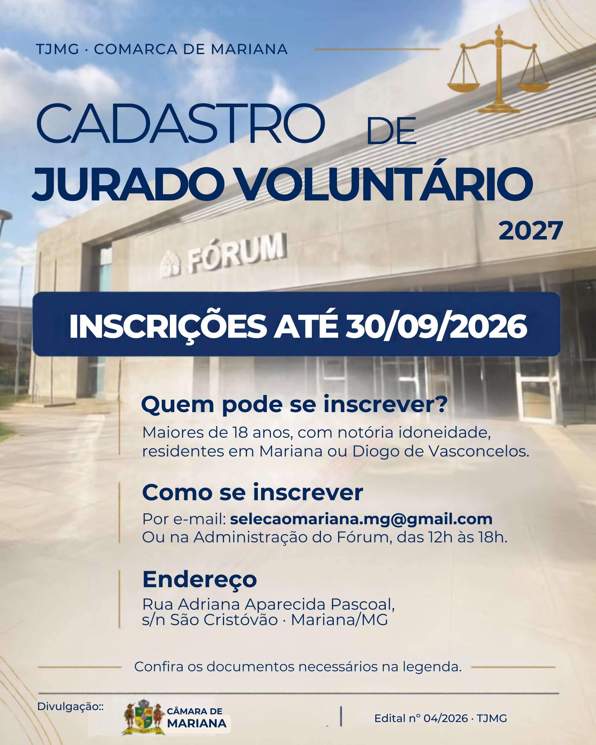 Tribunal do Júri de Mariana recebe inscrições para jurados voluntários até dia 30 de setembro