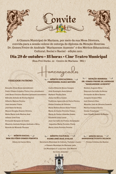 Câmara homenageará marianenses que atuam fora da cidade natal e destaques nas áreas da educação, social, cultural e racial