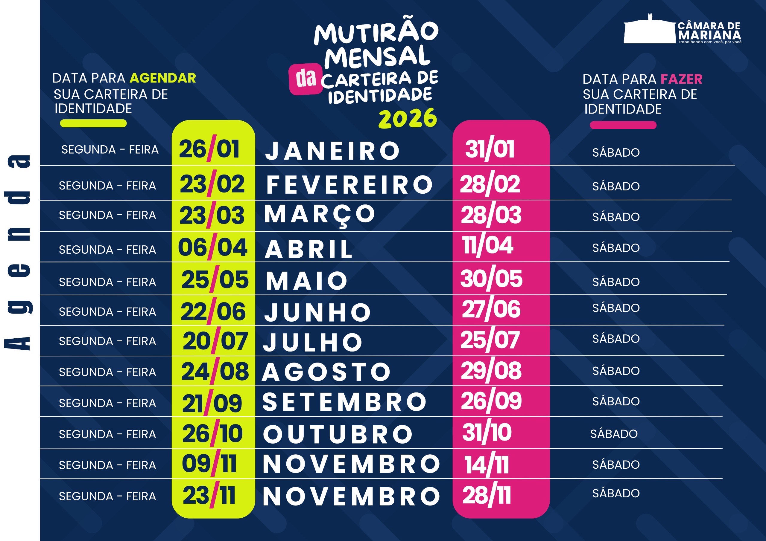 Calendário do Mutirão da Carteira de Identidade 2026