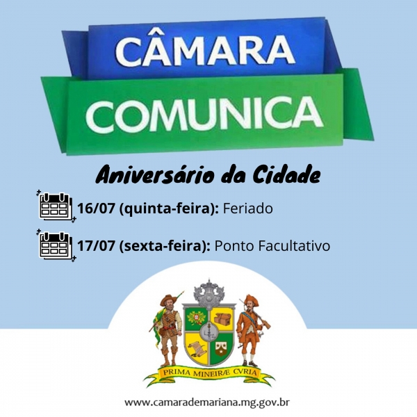 Câmara declara Ponto Facultativo na próxima sexta-feira, 17 de julho