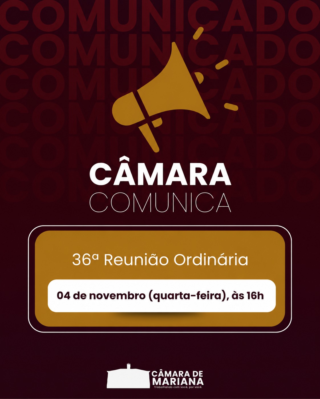 Câmara realizará 36ª Reunião Ordinária dia 04 de novembro, em razão do feriado