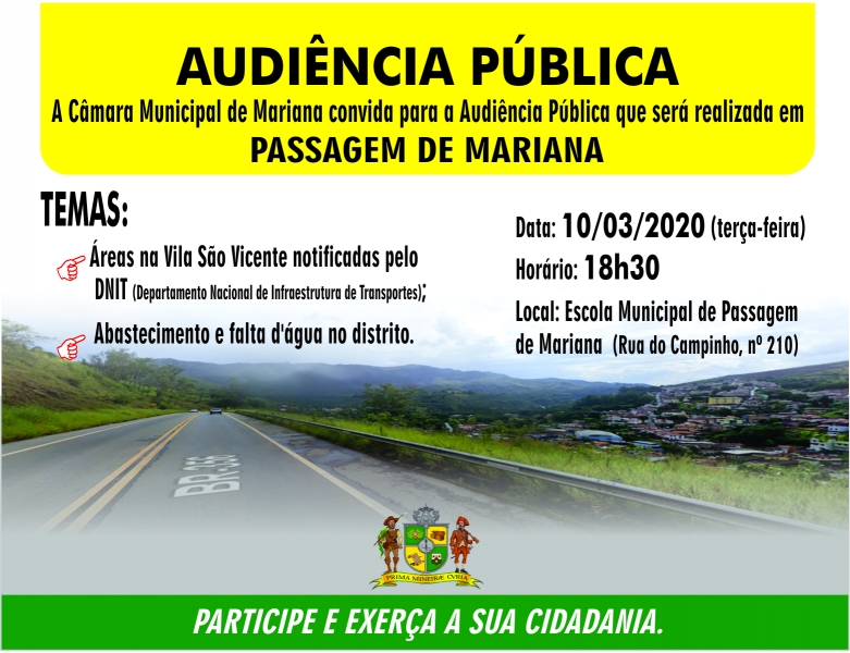 Câmara convida para debater abastecimento de água e notificações do Dnit em Passagem de Mariana